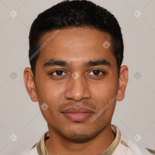 Neutral latino young-adult male with short  black hair and brown eyes