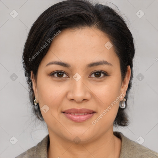 Joyful latino young-adult female with medium  brown hair and brown eyes