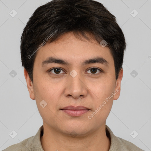 Joyful white young-adult male with short  brown hair and brown eyes