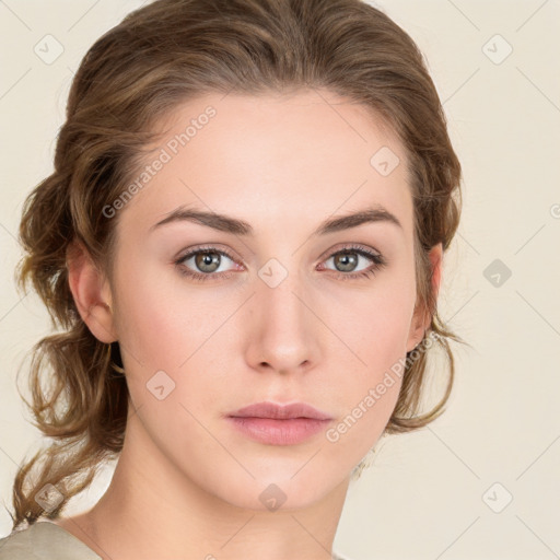 Neutral white young-adult female with medium  brown hair and grey eyes