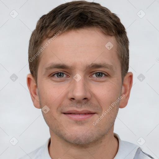 Neutral white young-adult male with short  brown hair and brown eyes