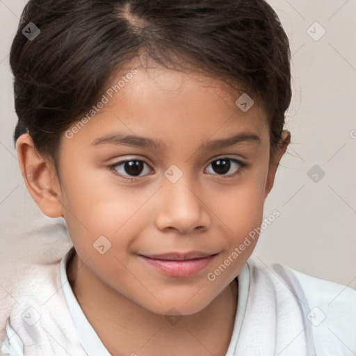 Joyful white child female with medium  brown hair and brown eyes