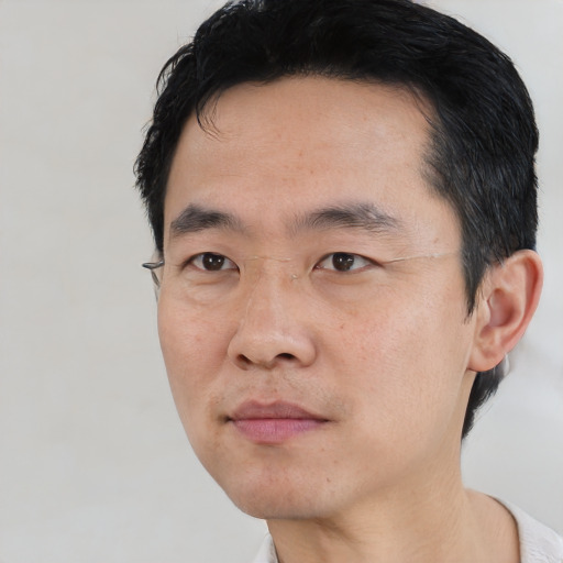 Neutral asian adult male with short  black hair and brown eyes