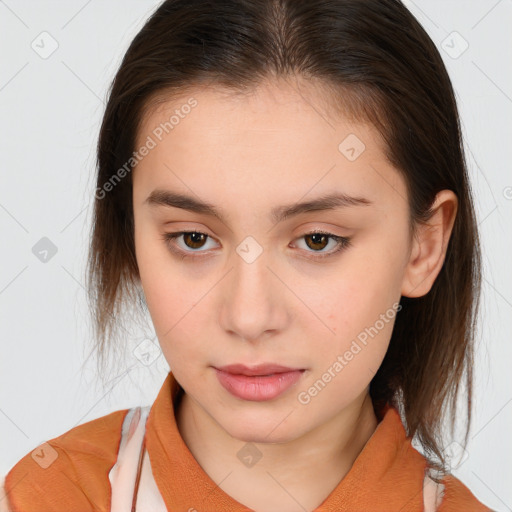 Neutral white young-adult female with medium  brown hair and brown eyes