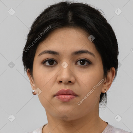 Neutral asian young-adult female with medium  brown hair and brown eyes