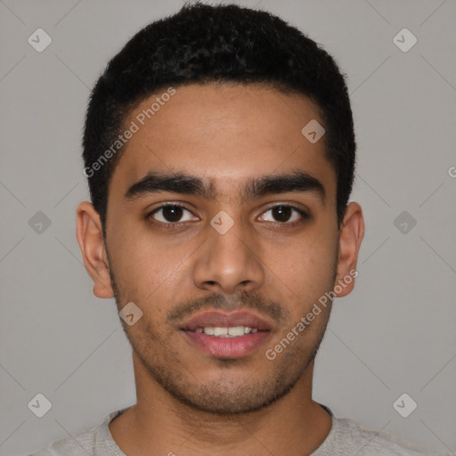 Neutral latino young-adult male with short  black hair and brown eyes