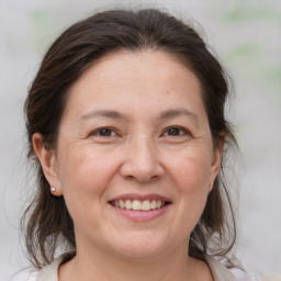 Joyful white adult female with medium  brown hair and brown eyes