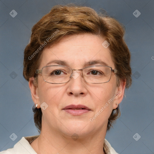 Joyful white adult female with short  brown hair and grey eyes