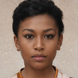 Neutral black young-adult female with short  black hair and brown eyes