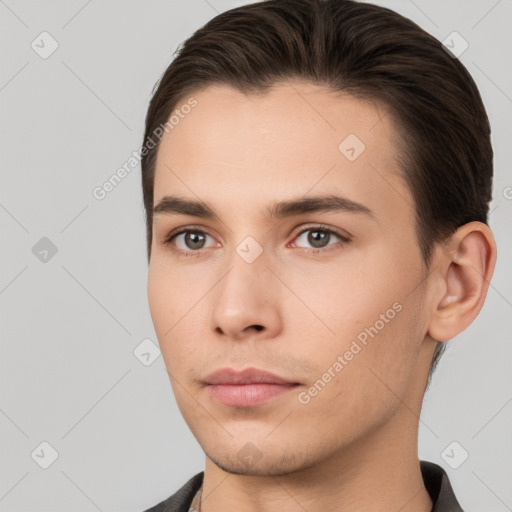 Neutral white young-adult male with short  brown hair and brown eyes