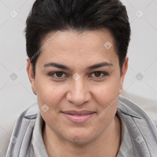 Joyful white young-adult female with short  brown hair and brown eyes