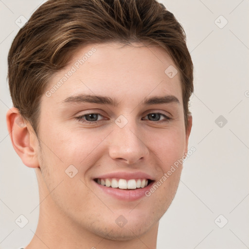 Joyful white young-adult female with short  brown hair and grey eyes