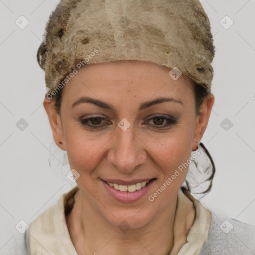 Joyful white adult female with short  brown hair and brown eyes