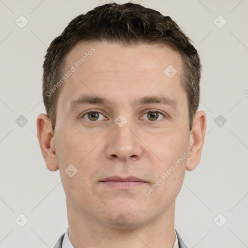 Neutral white adult male with short  brown hair and brown eyes