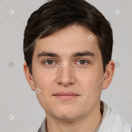 Neutral white young-adult male with short  brown hair and brown eyes