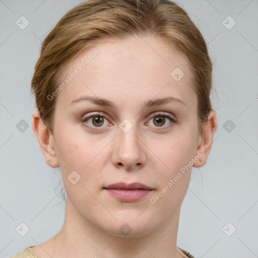 Joyful white young-adult female with medium  brown hair and green eyes