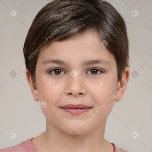 Joyful white child female with short  brown hair and brown eyes