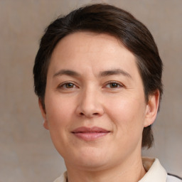 Joyful white adult female with medium  brown hair and brown eyes