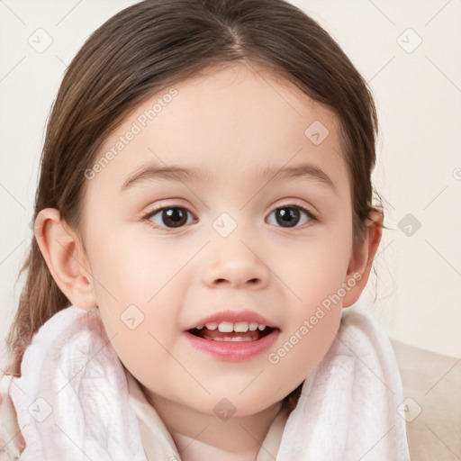 Joyful white child female with medium  brown hair and brown eyes