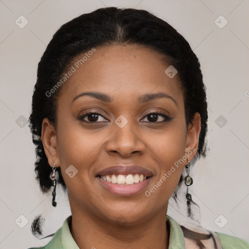 Joyful latino young-adult female with long  brown hair and brown eyes