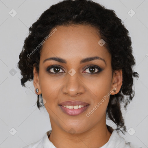 Joyful black young-adult female with medium  black hair and brown eyes