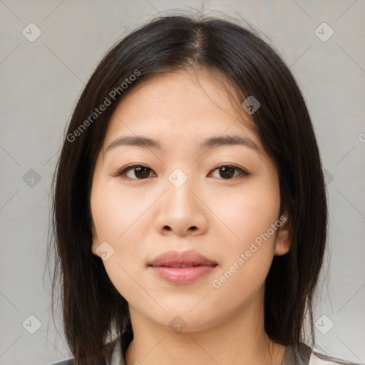 Neutral asian young-adult female with medium  brown hair and brown eyes