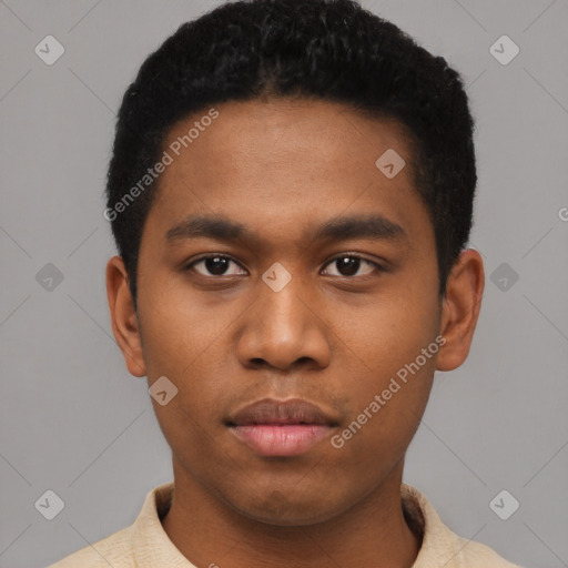 Neutral latino young-adult male with short  black hair and brown eyes