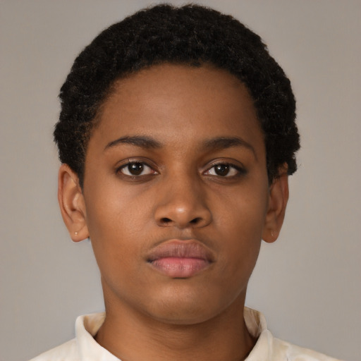 Neutral black young-adult female with short  brown hair and brown eyes