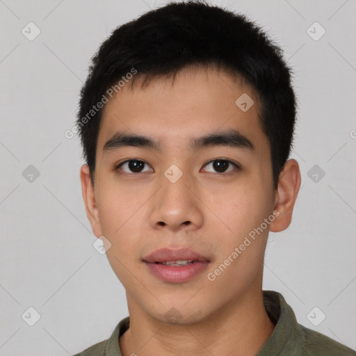 Neutral asian young-adult male with short  black hair and brown eyes