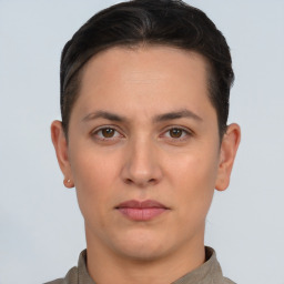 Neutral white young-adult female with short  brown hair and brown eyes