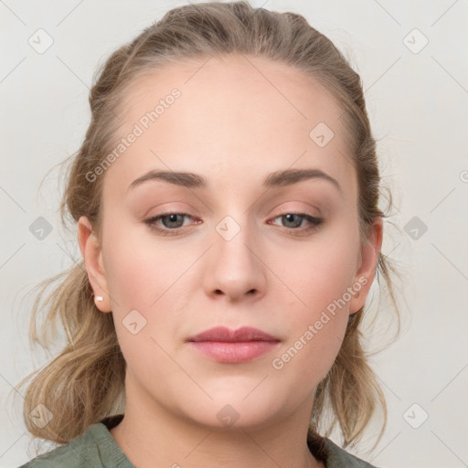 Neutral white young-adult female with medium  brown hair and grey eyes