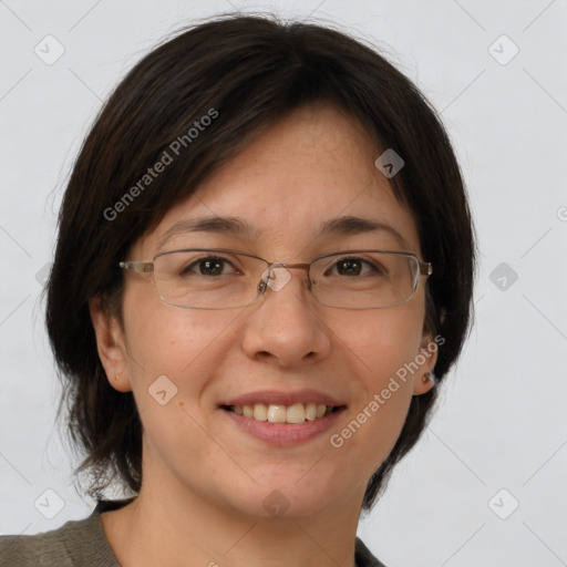 Joyful white adult female with medium  brown hair and brown eyes