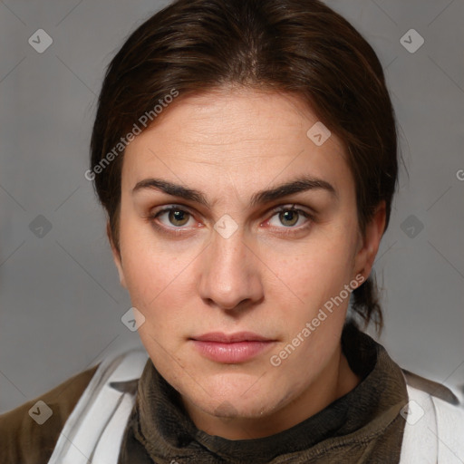 Neutral white young-adult female with medium  brown hair and brown eyes