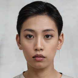 Neutral asian young-adult female with short  brown hair and brown eyes