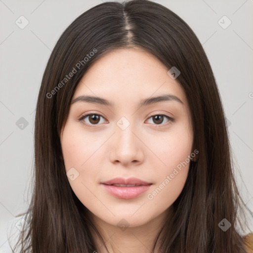 Neutral white young-adult female with long  brown hair and brown eyes