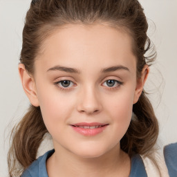 Joyful white child female with medium  brown hair and grey eyes