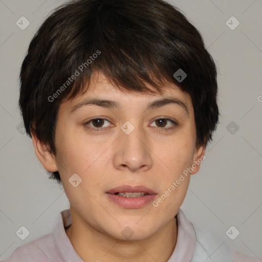 Neutral white young-adult female with short  brown hair and brown eyes