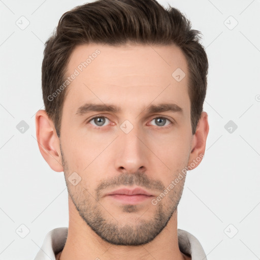 Neutral white young-adult male with short  brown hair and brown eyes