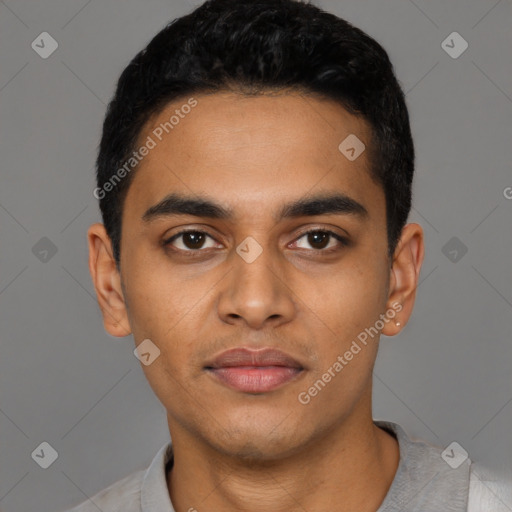 Neutral latino young-adult male with short  black hair and brown eyes