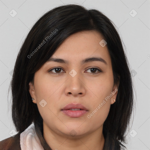 Neutral asian young-adult female with medium  black hair and brown eyes