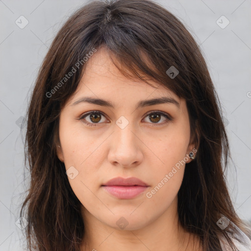 Neutral white young-adult female with long  brown hair and brown eyes