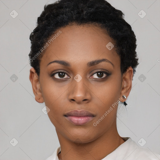 Neutral black young-adult female with short  black hair and brown eyes