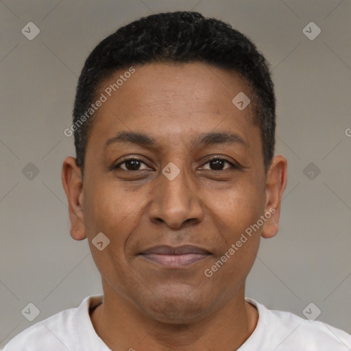 Joyful latino adult male with short  brown hair and brown eyes