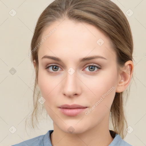 Neutral white young-adult female with medium  brown hair and grey eyes