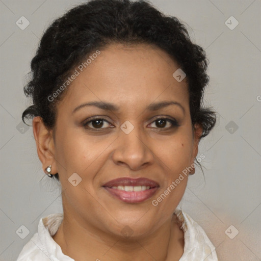 Joyful latino young-adult female with short  brown hair and brown eyes