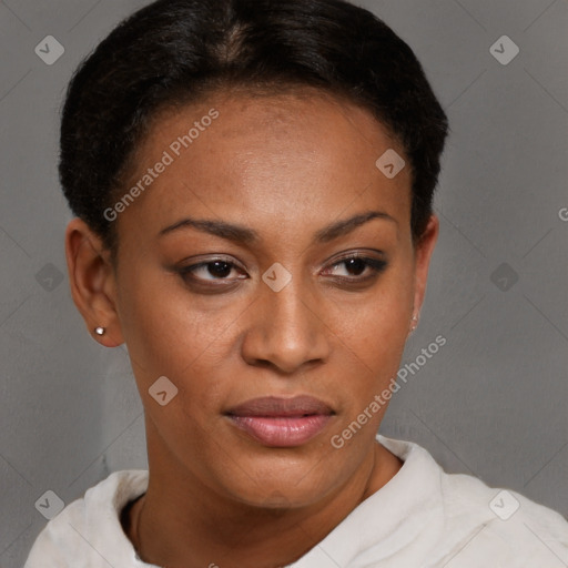 Joyful black young-adult female with short  brown hair and brown eyes