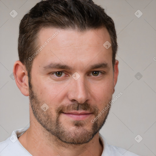 Neutral white young-adult male with short  brown hair and brown eyes