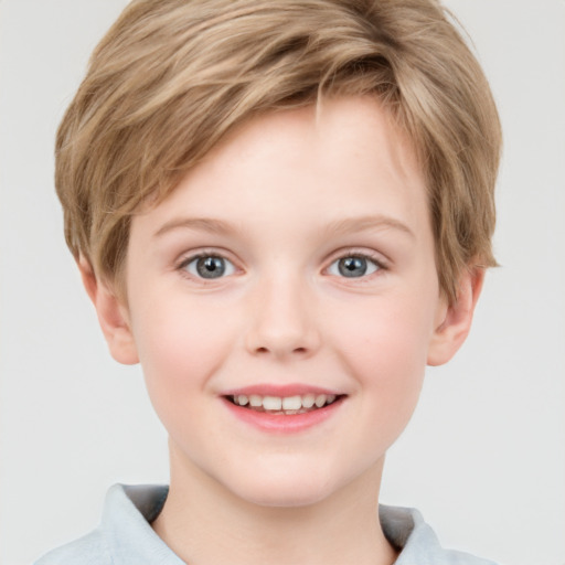 Joyful white child female with short  brown hair and grey eyes