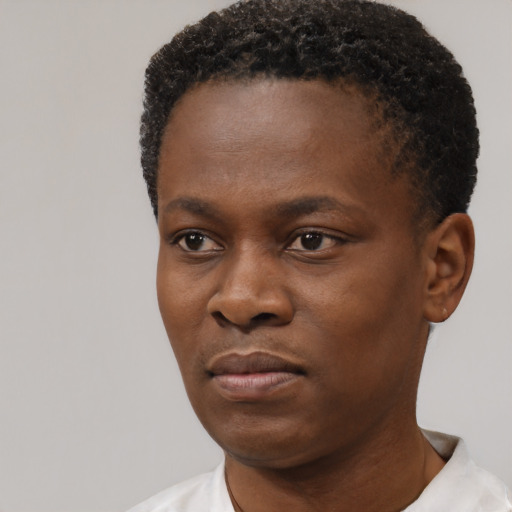 Neutral black young-adult female with short  black hair and brown eyes