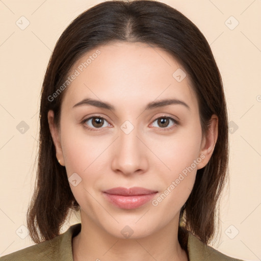 Neutral white young-adult female with medium  brown hair and brown eyes